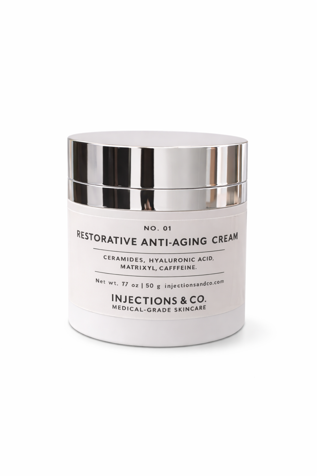 White jar of Restorative Anti-Aging Cream with silver lid on a white background