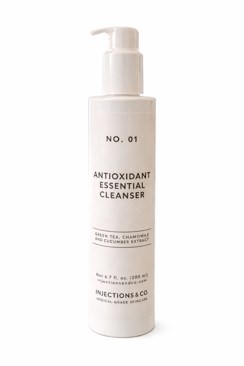 Antioxidant essential cleanser bottle with pump on a white background